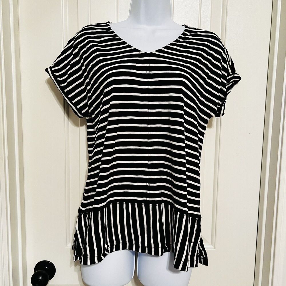 Soft Surrounding Bali Breeze Stripped Tee Black & White V Neck Resort Wear XS - Picture 2 of 9